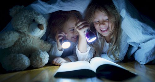 A côté, d’un gros nounours, une grande sœur lit un livre passionnant à sa petite sœur qui la regarde. Elles sourient tous les deux. Elles ont fait une cabane avec la couette et sont installées sur le parquet. Elles s’éclairent avec des lampes de poche.
